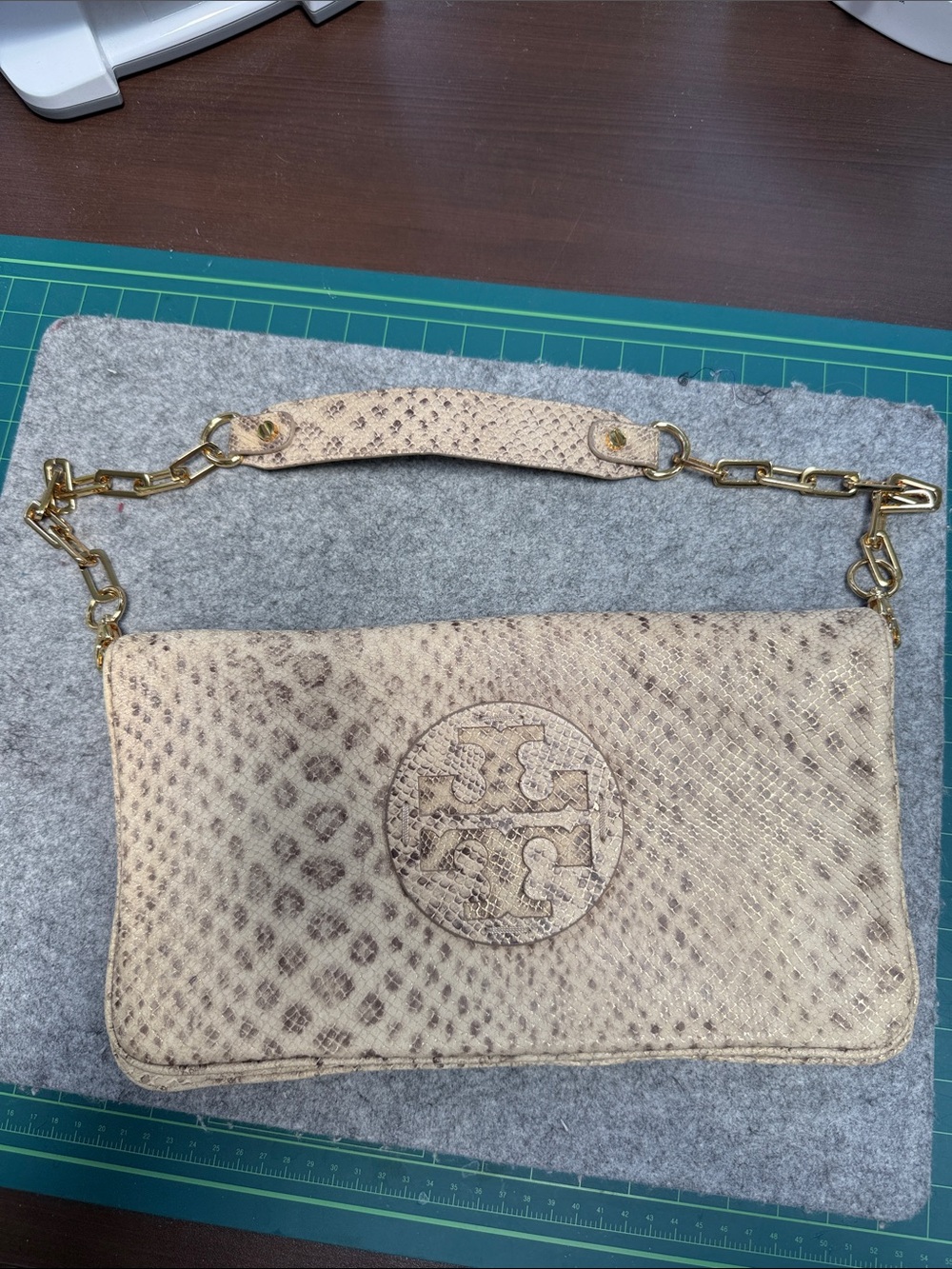 Tory Burch Riva Beige Snake-Print Leather Clutch with Gold Chain Strap